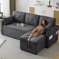 Sofa-lova, L formos sofa, modernus dizainas, fotelis su daiktadėže, su puodelio laikikliu, svetainės sofa-lova, keičiama kairė ir dešinė pusė 211 x 129.5 x 86 cm pilka