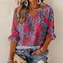 Women's Vintage Floral Print Blouse with Tie Neck and Ruffle Three-Quarter Sleeves XL balta