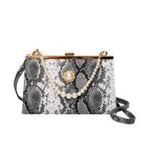 Retro snakeskin pattern contrasting small square bag 25 new fashion trend pearl chain women's shoulder messenger bag žalia