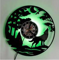 Luminous Cool Led Wolf Vinyl Record Wall Clock with Remote Control LED Light Drop Shipping Wall Decor Decoration for Rooms No light gray