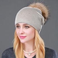 Women Winter Warm Cashmere Wool Knitted Real Fur Pom Pom Ball Beanie Hat gray