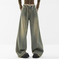 Retro Washed Stitching Detail Wide Leg Jeans, Loose Fit Streetwear Denim Pants, Women's Denim Jeans & Clothing XL gray