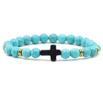 Charm Natural Stone Bracelet Cross Black Lava Matte Beaded Bracelets Handmade Men Women Prayer Fitness Chain Couple Jewelry Bracelet Style F blue