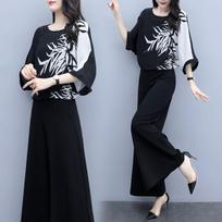 Women's Black Two-piece Wide-leg Trousers Printed Belly Slimming Shirt Casual Suit Women's Plus Size Temperament Casual Loose Suit S gray