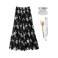 Camellia retro Hong Kong style pleated skirt summer new print hip cover thin pendulum casual skirt One size fits all black