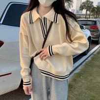 Hong Kong Style Trend College Style Polo Collar Contrast Knit Sweater Woman L juoda