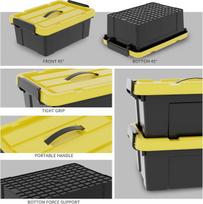 Cetomo 15 l x 6 dėžių daiktams, plastikinės dėžės su dangčiais, rankenomis ir užsegimais įrankiams, garažui, patvarios, kraunamos, sudedamos viena į kitą, juodos ir geltonos spalvos, 15 l (6 vnt.)