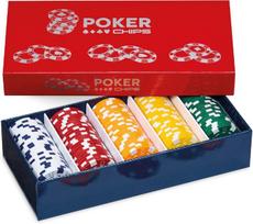 Dal pokerio žetonų rinkinys, susidedantis iš 125 plastikinių žaidimo žetonų