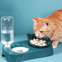 Pet Dog Bowl Automatic Feeder Cat Food Bowl with Water Fountain Bowl Drinking Raised Stand Dish Bowls Cat Food and Water Bottle  Accesorios beige