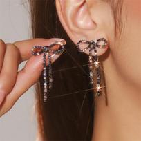 Sweet Rhinestone Crystal Long Tassel Drop Earrings for Women Girls Hollow Bowknot Crystal Dangle Earrings Party Xmas Jewelry brown