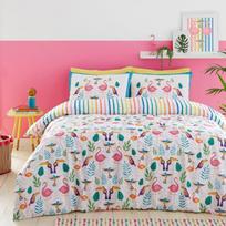 Fusion Tropical Flamingo Viengulis antklodės užvalkalas (140 x 200 cm) su dvipusiu dizainu (vaivorykštės dryžiai) Tropiniai paukščiai (tukanas) Ryškios spalvos Rožinė