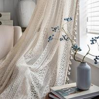 Boho kutų nėrimo užuolaidos svetainei, Vintažinės su raišteliu kišenėmis užuolaidos, Geometrinės dryžuotos megztos nėrinio šviesą filtruojančios užuolaidos W150xH100cm gray