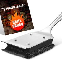 Purplebird Grilio šepetys ketaus grotelėms, 3 viename Bbq grilio šepetys, nerūdijančio plieno grilio valymo šepetys su 1 atsarginiu grilio šepečiu, vielinis grilio šepetys su ilga medine rankena, dovana tėčiui