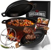 Gusskönig olandiškas puodas - 2-in-1 deginto ketaus puodas 4.8 l ir keptuvė 1.8 l - olandiškų puodų rinkinys su dviguba funkcija - su receptų knyga ir priedais Bbq, stovyklavimui ir virtuvei