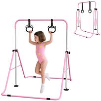 Children's parallel bars with rings, height-adjustable, foldable, non-slip, steel frame, 148x105x88-128 cm, pink