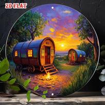 D Flat Vintage Gypsy Wagon Metal Sign Rustic Camping Caravan Sunset Wall Art Retro Bohemian Tin Plaque Countryside Scenic De 20x20cm(8x8inch) brown