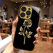 Galvanizuotas stiklinis dizaino telefono dėklas Auksiniu rožių rašto dizainas Skirtas iPhone 17 Air 16 15 14 13 12 Pro Max Plus kietas dėklas For iPhone 14 auksas