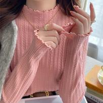 Undercoat for Women Half High Neck Black Fungus Edge Knitted Sweater Long Sleeved Thin Sweater Fashionable and Cute M gray