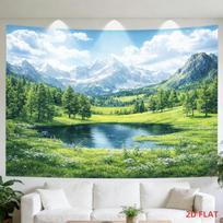 Alpinio ežero kraštovaizdžio gobelenas su snieguotomis kalvomis, pušynu ir laukinėmis gėlėmis 180x280cm Sienų dekoras 150x200cm(60x80in) white