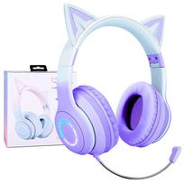 Vaikiškos belaidės ausinės su kačių ausytėmis, LED RGB apšvietimu, violetinės, Bluetooth 5.1, 15 val. baterija