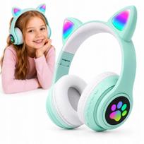Belaidės ausinės vaikams su LED katės ausytėmis, žalios, Bluetooth 5.0