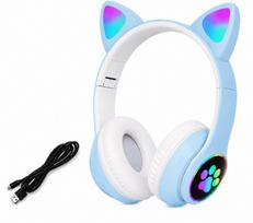 Belaidės ausinės su LED RGB kačiuko ausimis, sulankstomos, BLUE CAT