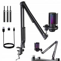 Kondensatorinis mikrofonas su RGB apšvietimu, adapteriu, laidu ir 3 Velcro dirželiais