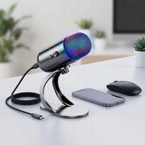 Stalinis USB kondensatorinis mikrofonas su RGB apšvietimu kompiuteriui