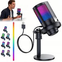 USB žaidimų ir transliacijų mikrofonas su RGB apšvietimu, pop filtru, juodas, kardioidinis