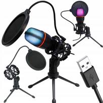 Studijinis USB mikrofonas su RGB apšvietimu ir trikojyje, kompiuteriui, transliacijoms ir žaidimams, kardioidinis