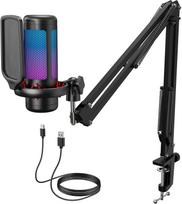 USB mikrofonas žaidimams su RGB apšvietimu, reguliuojamas ryškumas, tinka podcastams ir YouTube