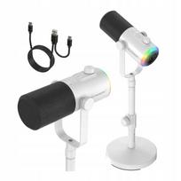 Kompiuterio mikrofonas MOZOS, USB-C/XLR, su LED RGB apšvietimu, baltas, su stovu
