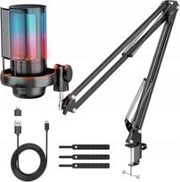 USB kondensatorinis mikrofonas su RGB apšvietimu ir stovu