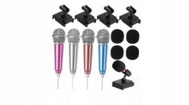 4 mini karaoke mikrofonų rinkinys su stovais ir spalvotais gaubtais