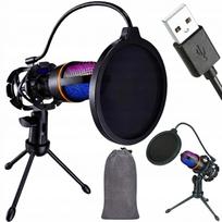 USB RGB LED kondensatorinis žaidimų mikrofonas su trikoju ir pop filtru, skirtas PC, PS4, PS5