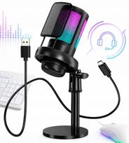 Studijinis kondensatorinis USB/Type-C mikrofonas su pop filtru ir RGB apšvietimu