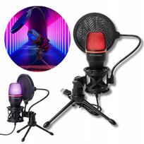 USB mikrofonas Wozinsky su stovu ir RGB apšvietimu, juodas