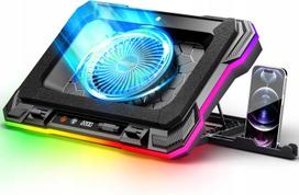 Nešiojamojo kompiuterio aušinimo stovas su USB, RGB apšvietimu, galingu ventiliatoriumi ir telefono laikikliu, 14–19