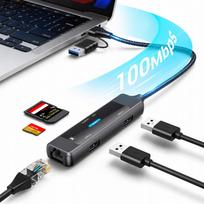 USB hubas 5 jungčių, USB 3.0, RJ45, USB-C, USB-A, SD/TF kortelių skaitytuvas