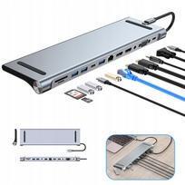 USB-C šakotuvas 12in1, USB 3.0, HDMI 4K, LAN, 100W, aliuminis