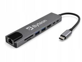 USB-C šakotuvas Byteon 8-in-1: HDMI 4K, USB 3.0, LAN (RJ45), SD kortelių skaitytuvas, skirtas nešiojamam kompiuteriui