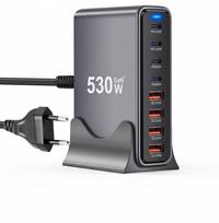 Stalinis įkroviklis GaN, 530 W, 8 lizdai, USB-C PD140W, QC3.0, su stovu ir laidu