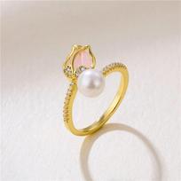 Fashion Tulip Rose Flower Crystal Pearl Ring For Women Trendy Creative Opal Zircon Finger Rings Party Wedding Jewelry Gifts 2 beige