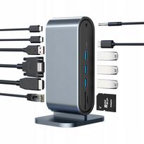 USB šakotuvas, 100W dokavimo stotelė, HDMI, VGA, USB-C, palaiko Win/Mac, dviejų ekranų jungtis
