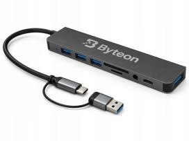 USB-C šakotuvas Byteon su 8 jungtimis ir SD kortelių skaitytuvu, skirtas nešiojamam kompiuteriui