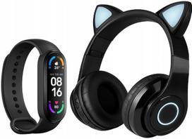 Išmanioji apyrankė Black Smart Band 6 (SMS, skambučiai) ir juodos LED ausinės su kačių ausytėmis