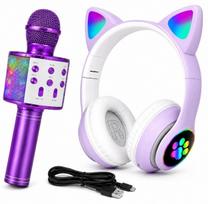 Vaikiškas karaoke mikrofonas su „Bluetooth“ ir LED kačiuko ausų ausinėmis