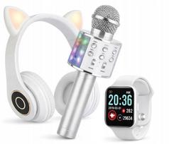 Išmanusis laikrodis, karaoke mikrofonas ir LED ausinės, balta