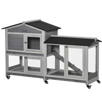 Wooden rabbit hutch, small animal enclosure, rabbit villa on wheels, 2 stories, grey pilka spalva