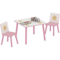 Children's table with chair, wooden table and 2 children's chairs set, star pattern, 60 x 60 x 44 cm, pink